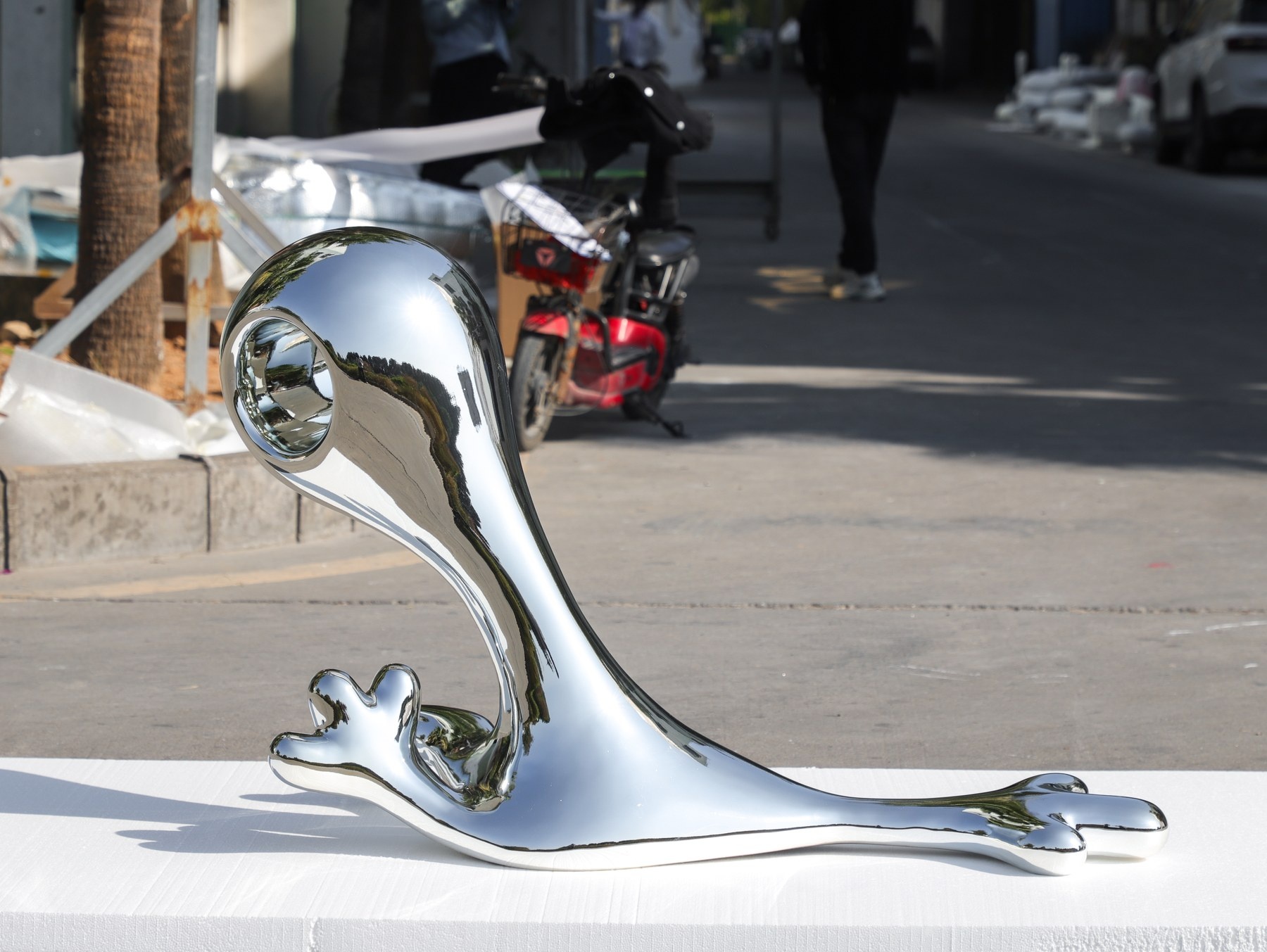 Reflective surface and curved-form detail on the same organic display sculpture
