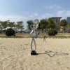 Installed mirror stainless steel ribbon sculpture in a coastal landscape