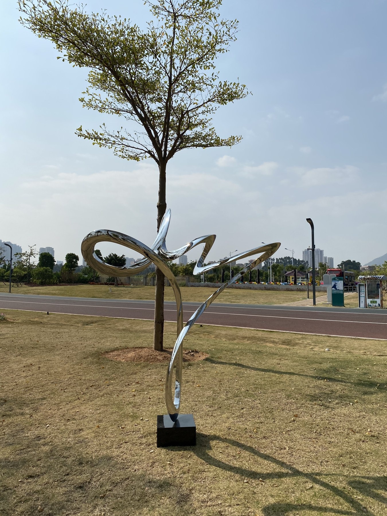 Front angle of the same reflective spiral sculpture