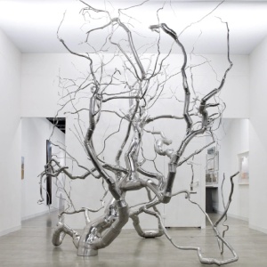 Completed stainless steel branch sculpture in an interior art installation