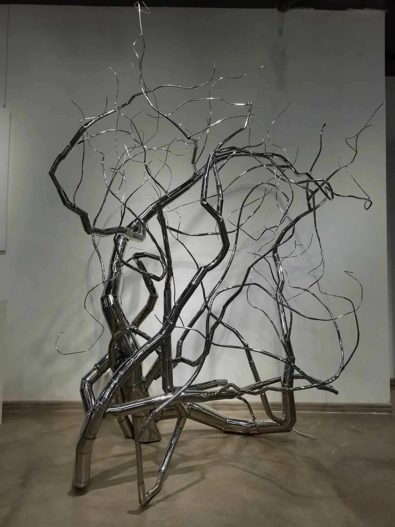 Side silhouette and branch geometry of the same stainless steel sculpture