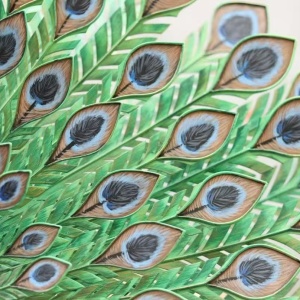 Painted metal peacock tail feather detail and surface finish
